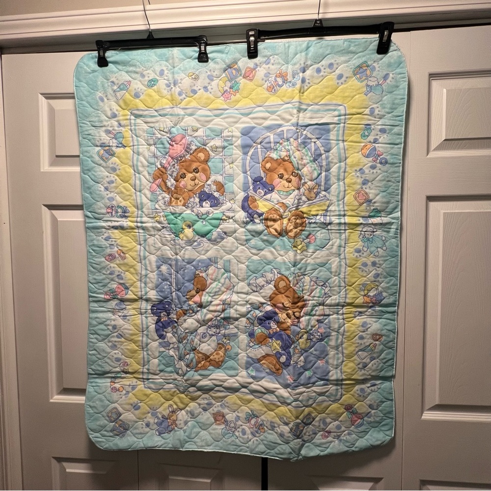 Vintage Riegel Teddy Beddy Bear 1985 Crib Comforter Blanket & Pillow 33.5" x 43"